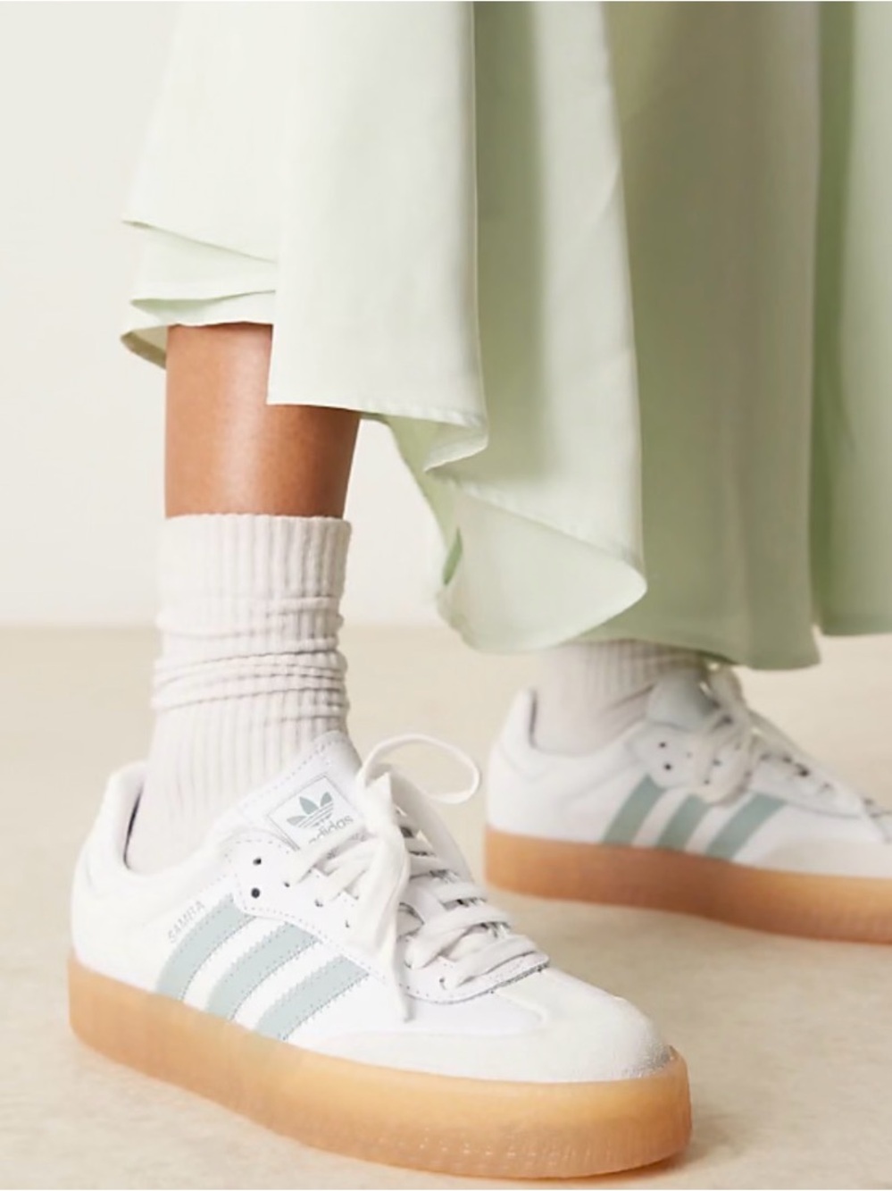 adidas samba Women’s White Sneakers with Light Green Stripes and Gum Platform